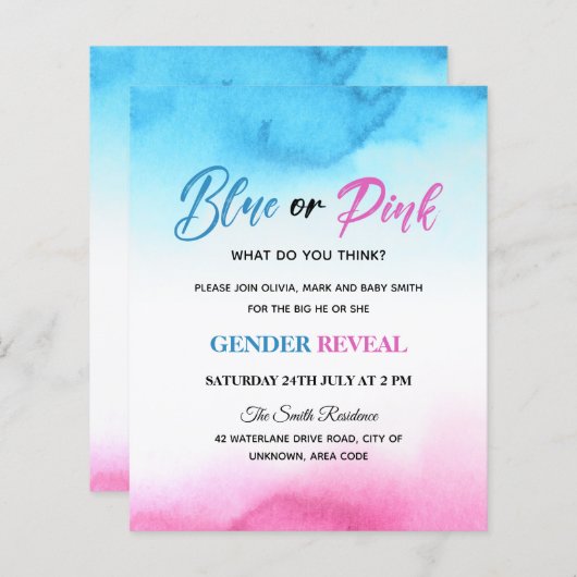 Waterverf splash baby gender onthult uitnodiging (Voorkant / Achterkant)