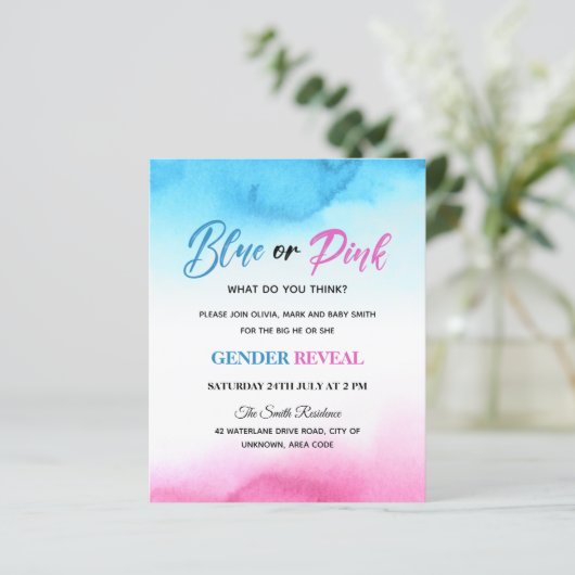 Waterverf splash baby gender onthult uitnodiging (Staand voorkant)