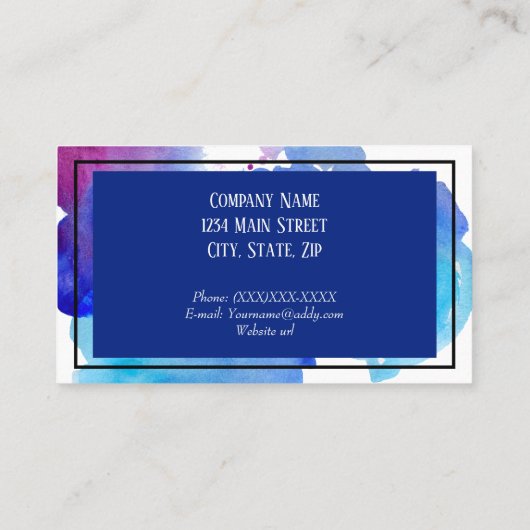 Waterverf Splash Blue, Paarse Abstracte bladeren Visitekaartje (Achterkant)