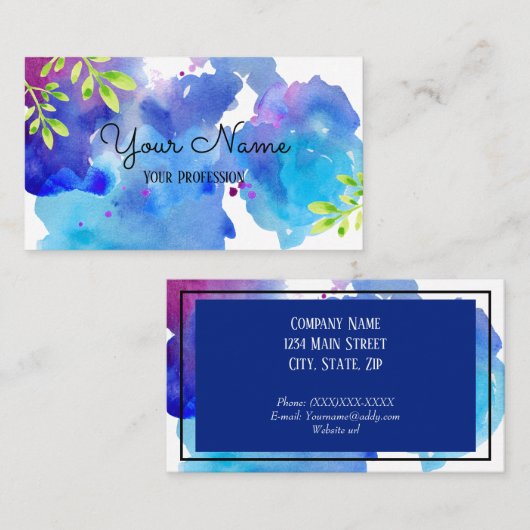 Waterverf Splash Blue, Paarse Abstracte bladeren Visitekaartje (Voorkant / Achterkant)