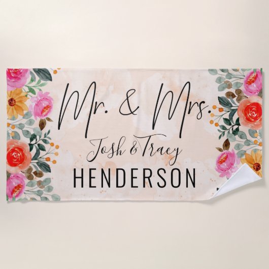 Waterverf Splash Bride en Groom Wedding Floral Strandlaken (Voorkant)