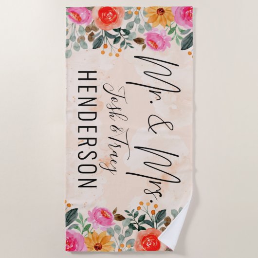 Waterverf Splash Bride en Groom Wedding Floral Strandlaken (Voorkant)