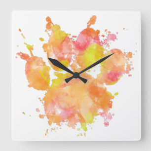 Waterverf Splash Dog Paw Print Vierkante Klok