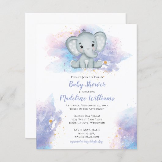 Waterverf Splash Elephant Baby shower Invitation (Voorkant / Achterkant)