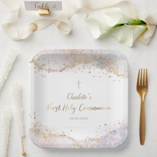 waterverf splash glitter Eerste Communie Papieren Bordje (Huwelijk)