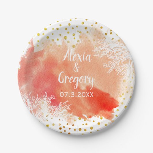Waterverf splash koraalrif gold confetti papieren bordje (Voorkant)