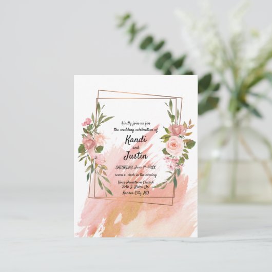 Waterverf Splash Pink Floral Geometric Wedding Briefkaart (Staand voorkant)