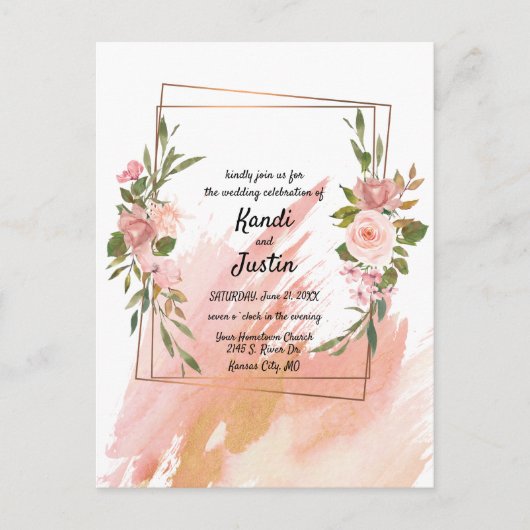 Waterverf Splash Pink Floral Geometric Wedding Briefkaart (Voorkant)