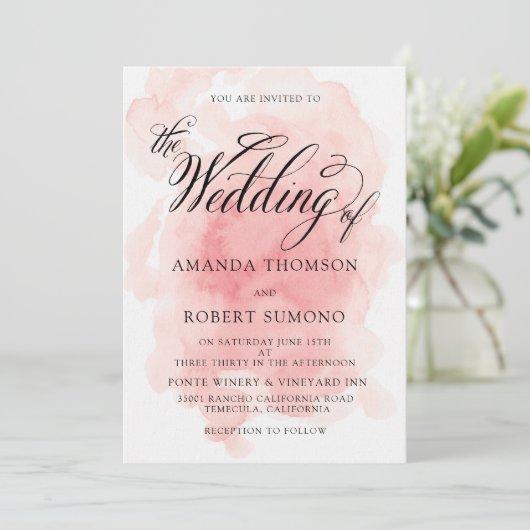 Waterverf Splash van Roze Huwelijksuitnodiging Kaart (Staand voorkant)