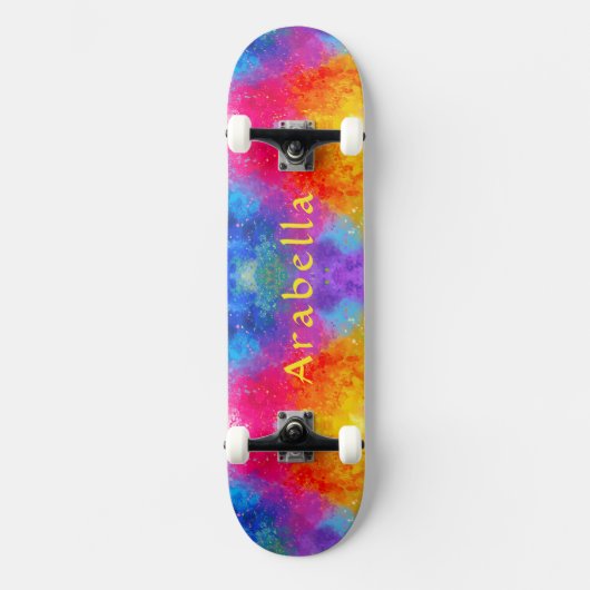 Waterverf Splashes - blauw, Paars, roze geel Persoonlijk Skateboard (Voorkant)