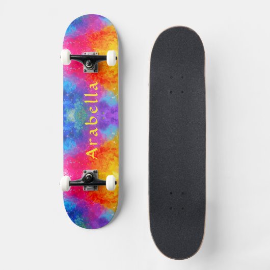 Waterverf Splashes - blauw, Paars, roze geel Persoonlijk Skateboard (Voorkant)