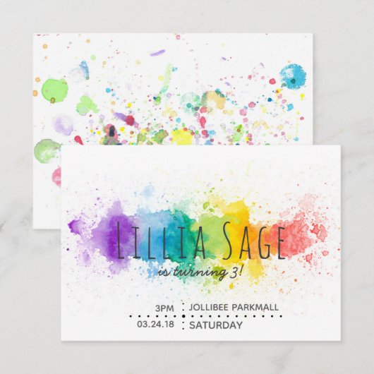Waterverf Splatter Birthday Uitnodiging (Voorkant / Achterkant)
