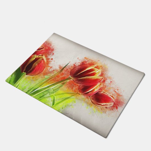Waterverf Splatter Red Yellow Tulips Floral Deurmat (Schuin)