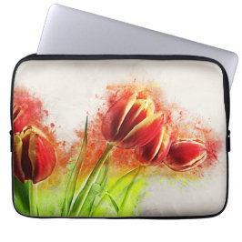 Waterverf Splatter Red Yellow Tulips Floral Laptop Sleeve