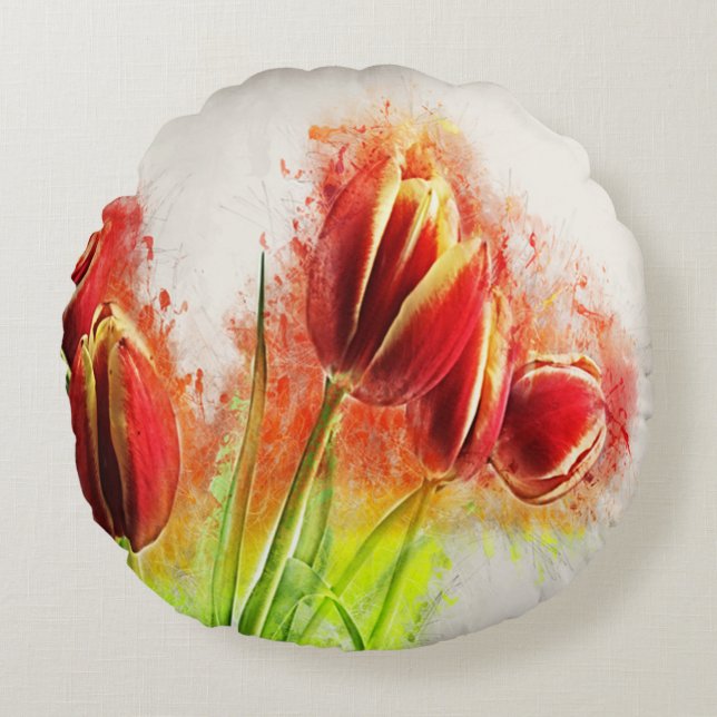 Waterverf Splatter Red Yellow Tulips Floral Rond Kussen (Voorkant)