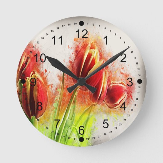 Waterverf Splatter Red Yellow Tulips Floral Ronde Klok (Voorkant)