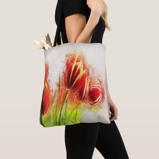 Waterverf Splatter Red Yellow Tulips Floral Tote Bag (Dichtbij)