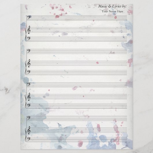 Waterverf Spletters Blank Blad Muziek Bass Clef (Voorkant)