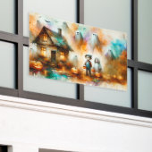 Waterverf Spooky Halloween Scene Spandoek (Buitenkant Gebouw)