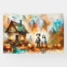 Waterverf Spooky Halloween Scene Spandoek