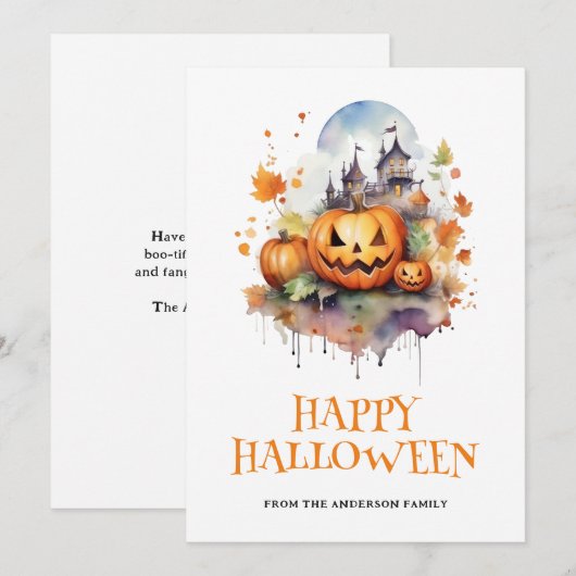Waterverf Spooky Pumpkins Haunted House Halloween Feestdagenkaart (Voorkant / Achterkant)