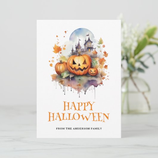 Waterverf Spooky Pumpkins Haunted House Halloween Feestdagenkaart (Staand voorkant)