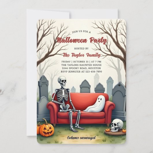 Waterverf Spooky Schattige Skeleton Ghost Hallowee Kaart (Voorkant)