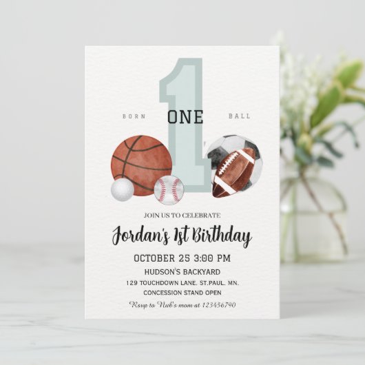 Waterverf sporten "Born to Ball" 1e verjaardag Kaart (Staand voorkant)