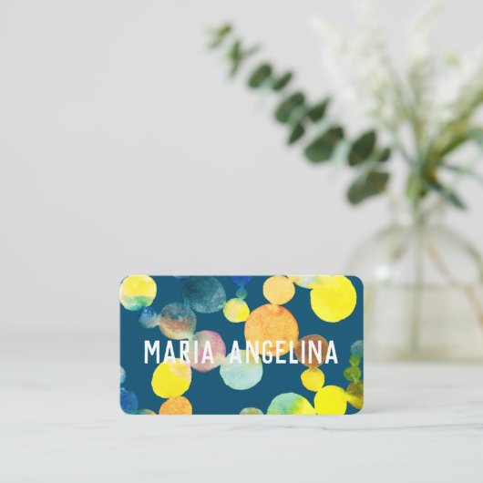 Waterverf Spots en Stippen Gele Blauwe Bubbles Visitekaartje (Staand voorkant)