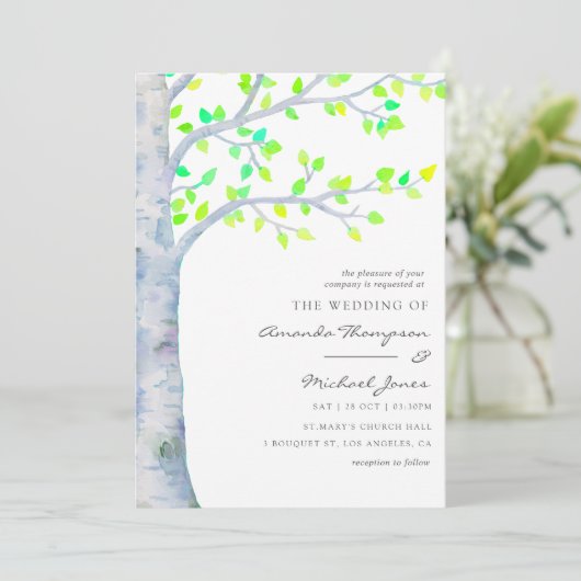 Waterverf Spring Birch Tree Wedding Kaart (Staand voorkant)