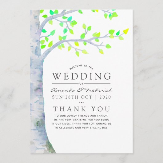 Waterverf Spring Birch Tree Wedding Programmakaart (Voorkant)