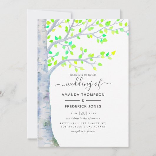 Waterverf Spring Birch Tree Wedding-uitnodiging Kaart (Voorkant)