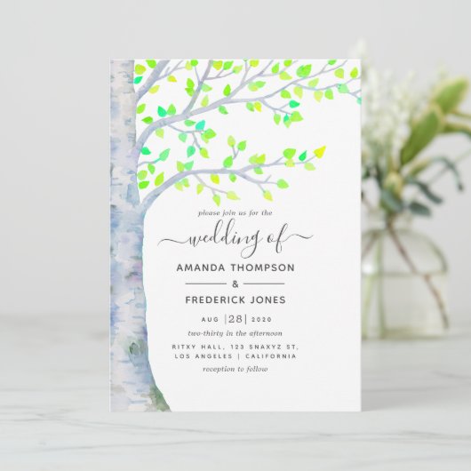 Waterverf Spring Birch Tree Wedding-uitnodiging Kaart (Staand voorkant)