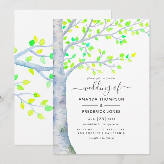 Waterverf Spring Birch Tree Wedding-uitnodiging Kaart (Voorkant / Achterkant)