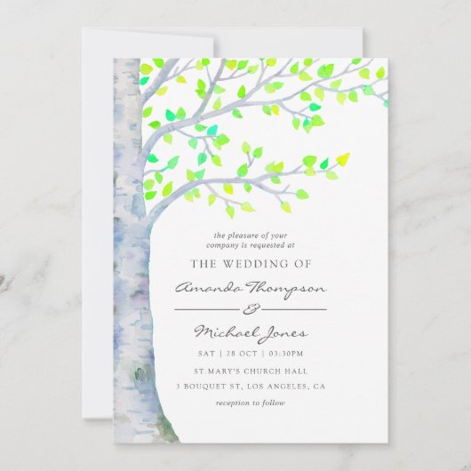 Waterverf Spring Birch Tree Wedding-uitnodiging Kaart (Voorkant)