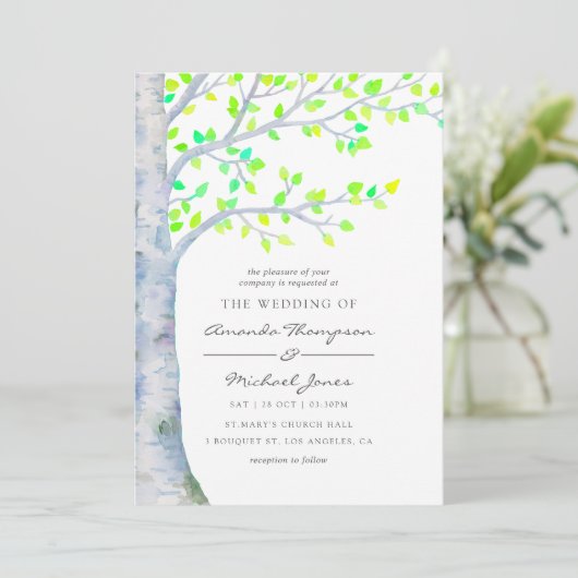 Waterverf Spring Birch Tree Wedding-uitnodiging Kaart (Staand voorkant)