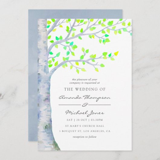 Waterverf Spring Birch Tree Wedding-uitnodiging Kaart (Voorkant / Achterkant)