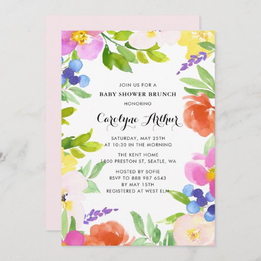 Waterverf Spring Blooms Baby shower Brunch Kaart (Voorkant / Achterkant)