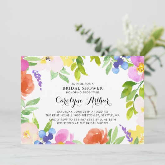 Waterverf Spring Blooms Bridal Shower Uitnodiging (Staand voorkant)