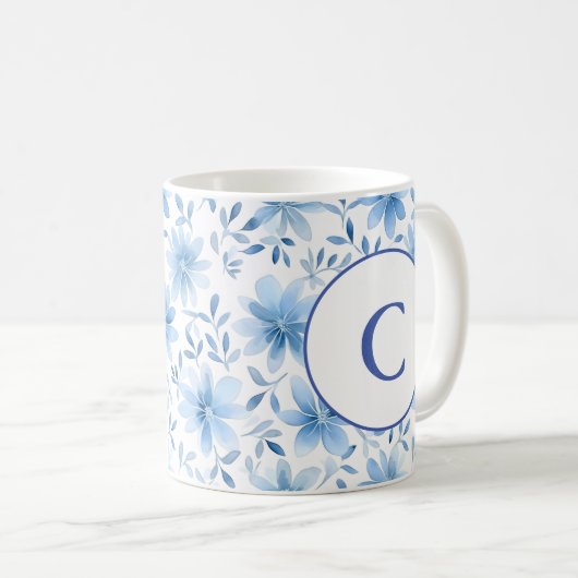 Waterverf Spring Blue Flowers Monogram Letter Koffiemok (Voorkant rechts)
