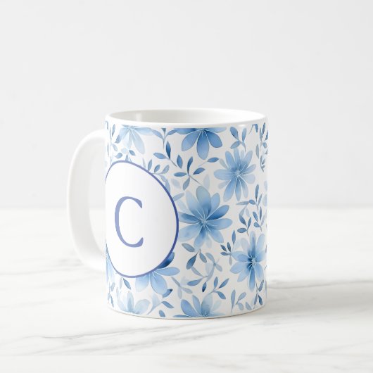 Waterverf Spring Blue Flowers Monogram Letter Koffiemok (Voorkant links)