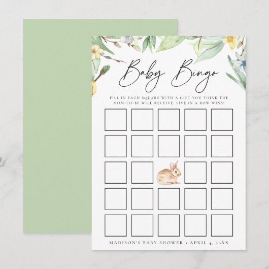 Waterverf Spring Bunny Baby shower Bingo Kaart (Voorkant / Achterkant)