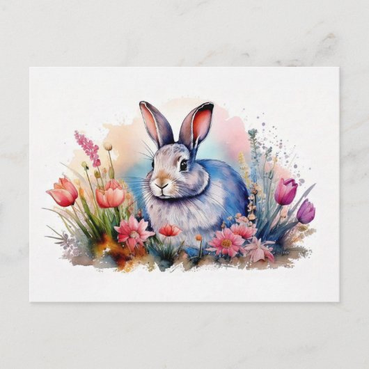 Waterverf Spring Bunny Briefkaart - Bloemkonijn (Voorkant)