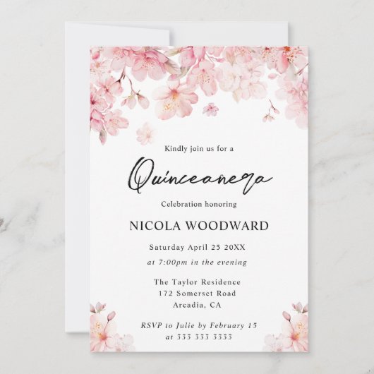 Waterverf Spring Cherry Blossom Quinceanera Kaart (Voorkant)