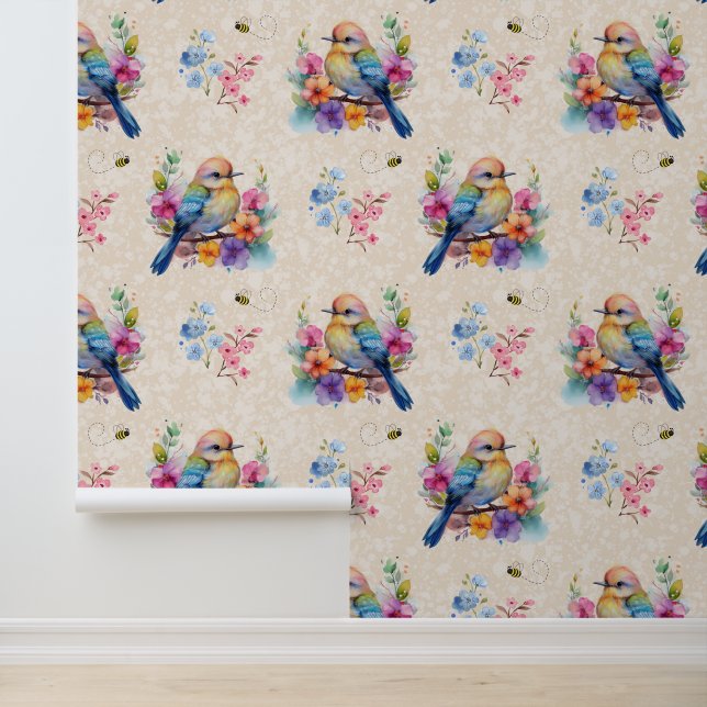 Waterverf Spring Floral Bird op Texture Cream Behang (Applicatie)