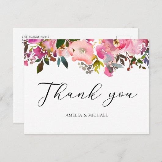 Waterverf Spring Floral Dank u briefkaart (Voorkant / Achterkant)