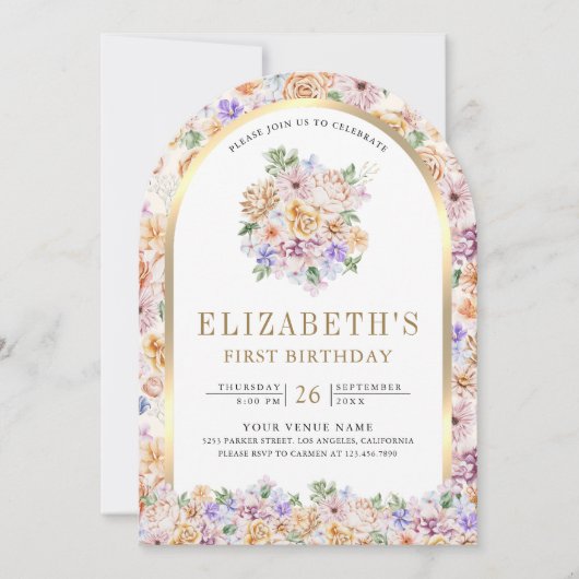 Waterverf Spring Floral Gold Arch eerste verjaarda Kaart (Voorkant)
