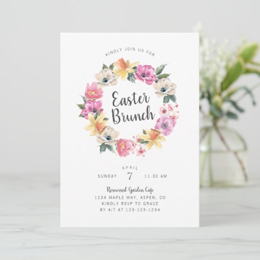 Waterverf Spring Floral Wreath Easter Brunch Kaart (Staand voorkant)