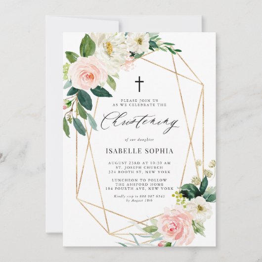 Waterverf Spring Florals Gold Lijst Christening Kaart (Voorkant)