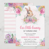 Waterverf Spring Flowers and Rabbit 1st Birthday Kaart (Voorkant / Achterkant)